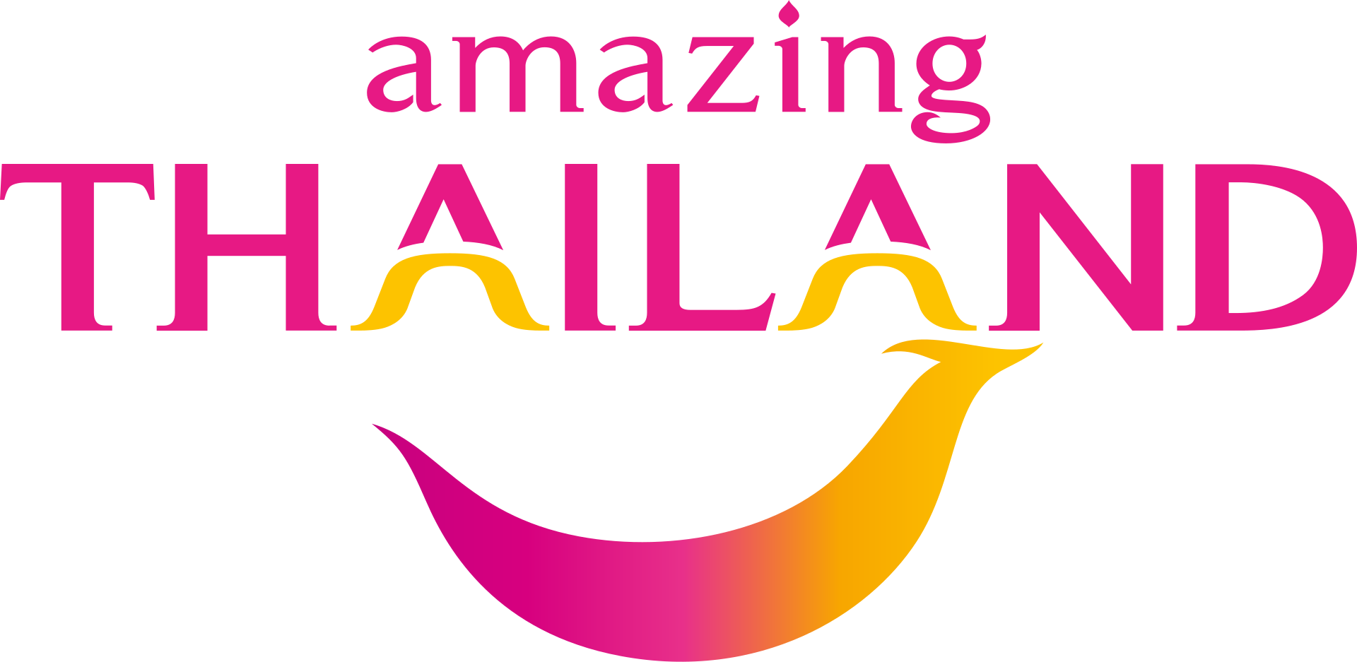 Colorful logo with the words "amazing THAILAND" in pink and purple text, featuring a stylized palm tree in gradient yellow to orange with a curved trunk beneath the text.