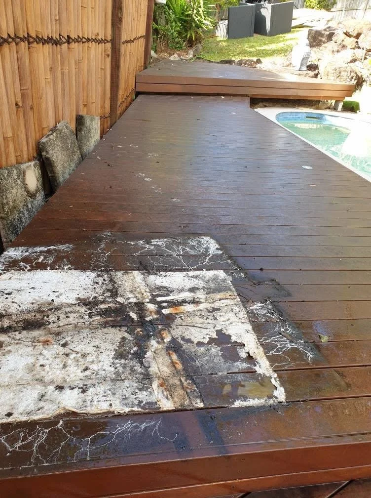 swimming pool timber deck damage.