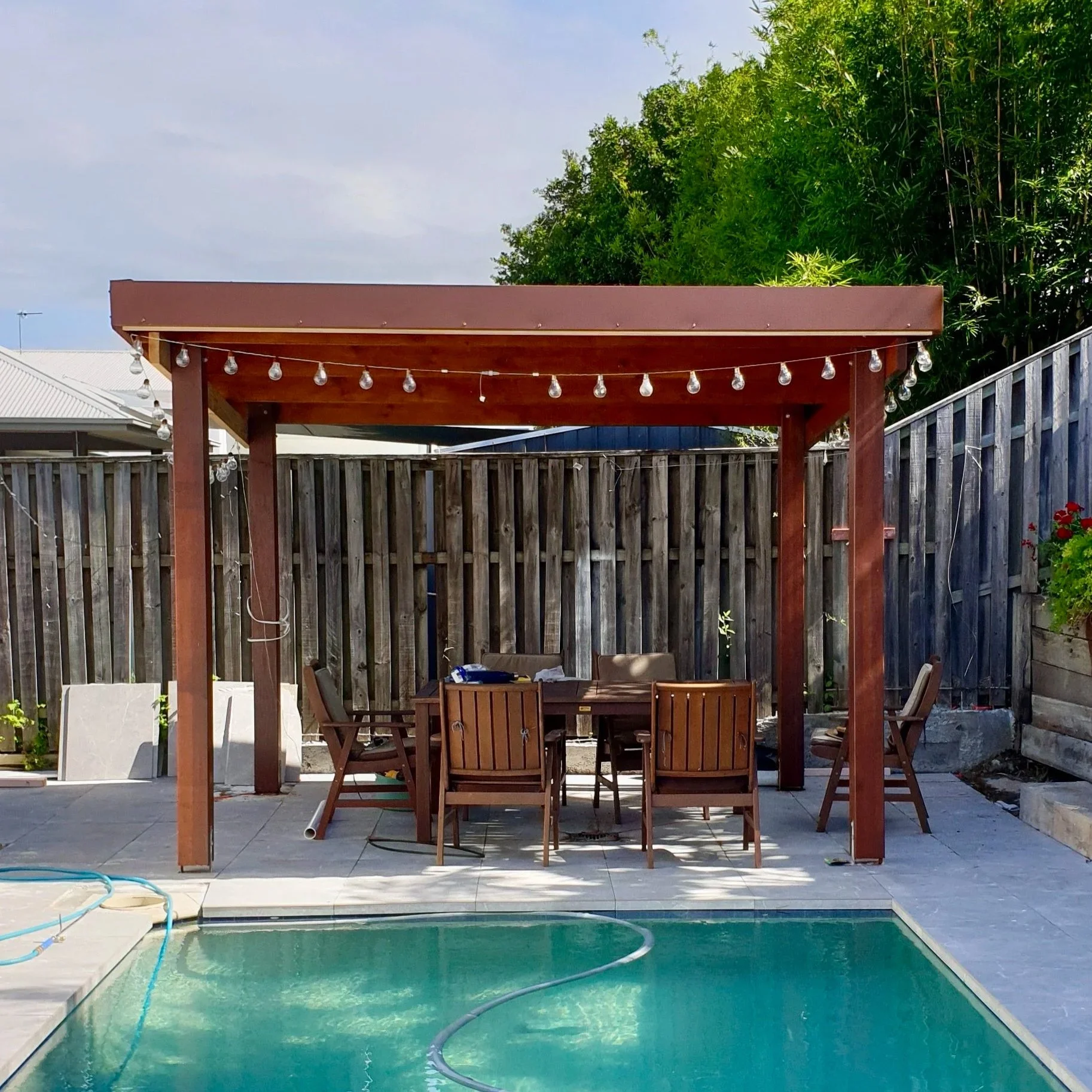 Outdoor pergola, timber, swimming pool.