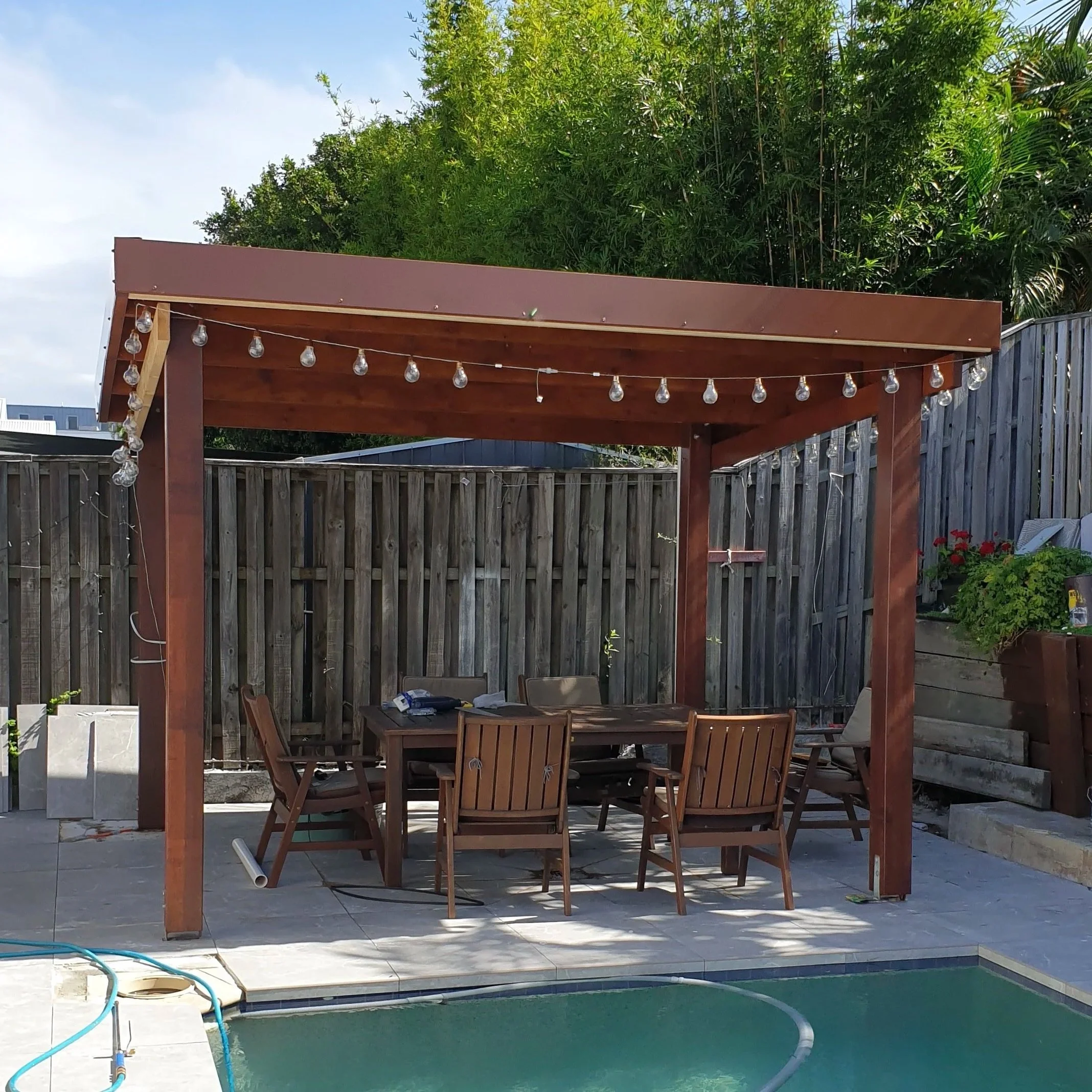 Outdoor pergola, wooden, timber, swimming pool.