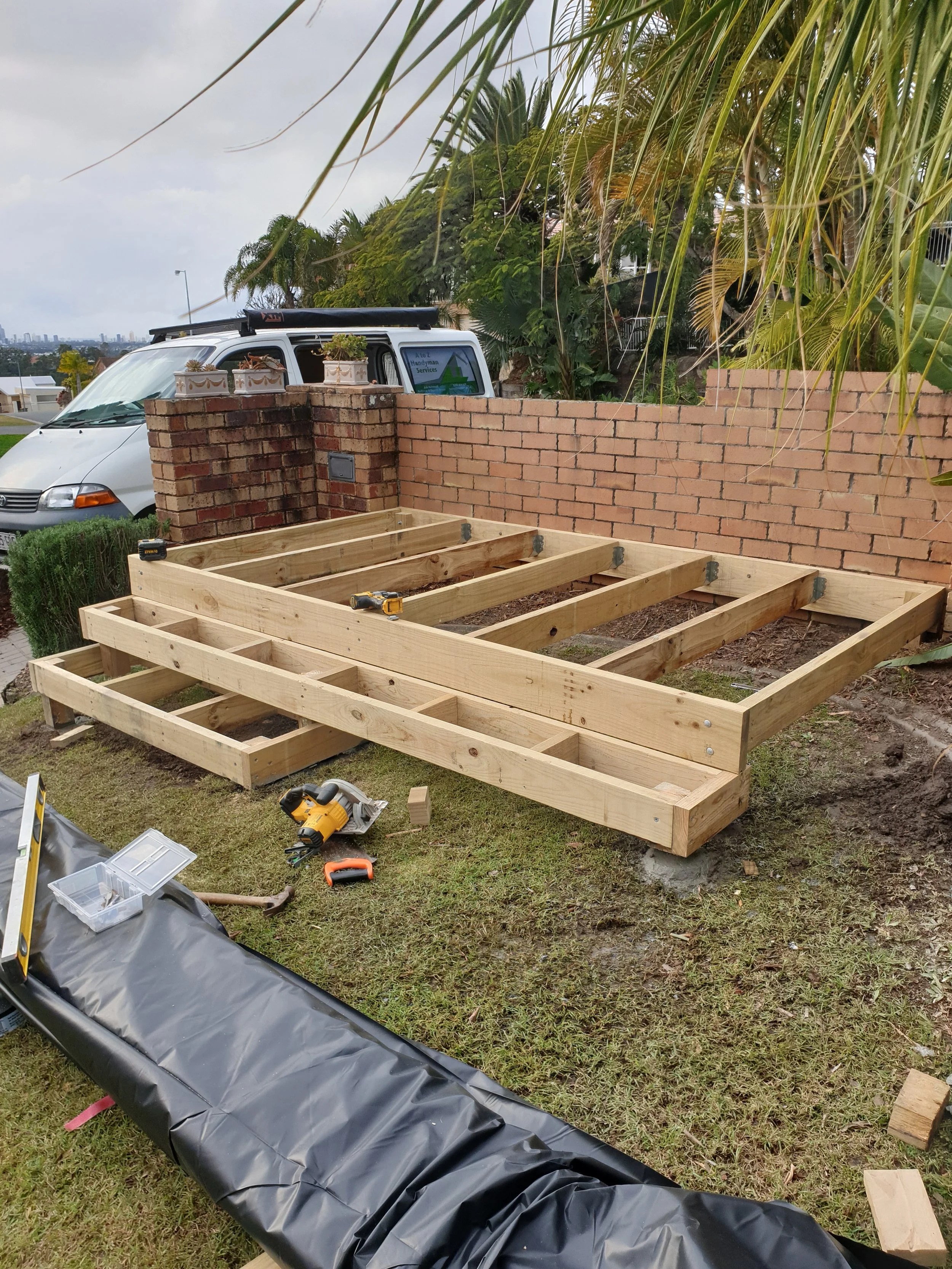 small external deck preparations, yard.