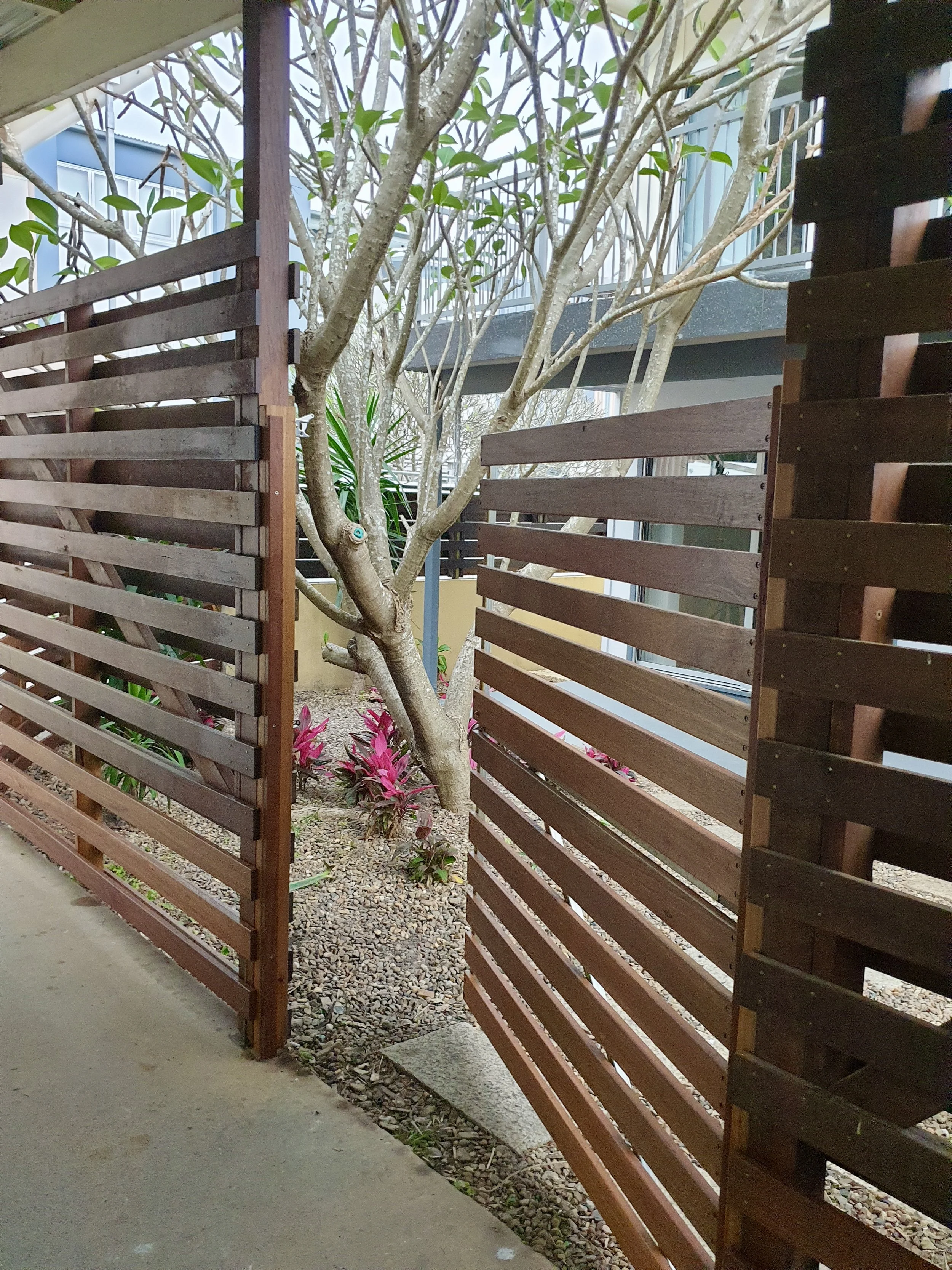 Merbau timber, wooden gate and fence.