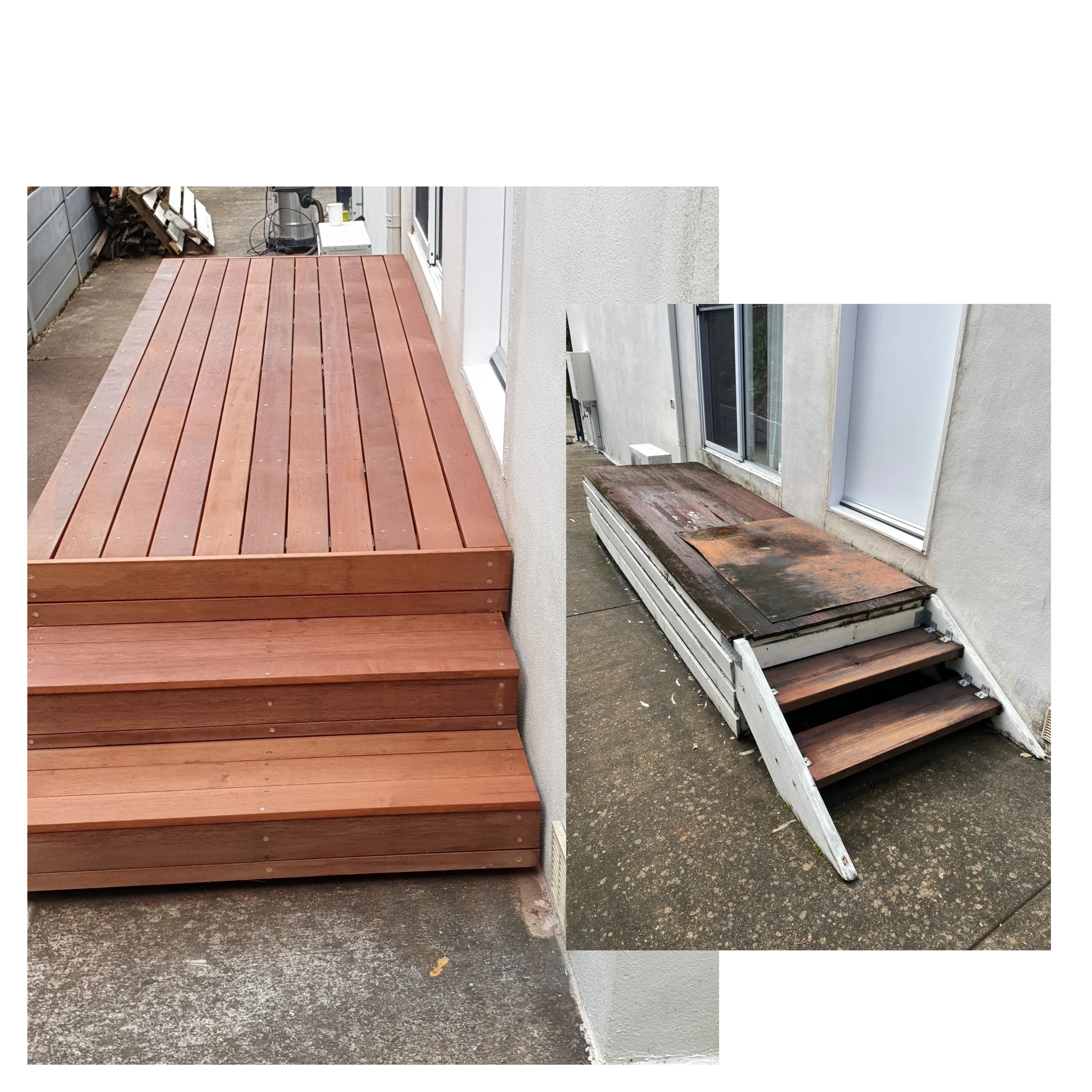 before and after of small external deck, side entrance.