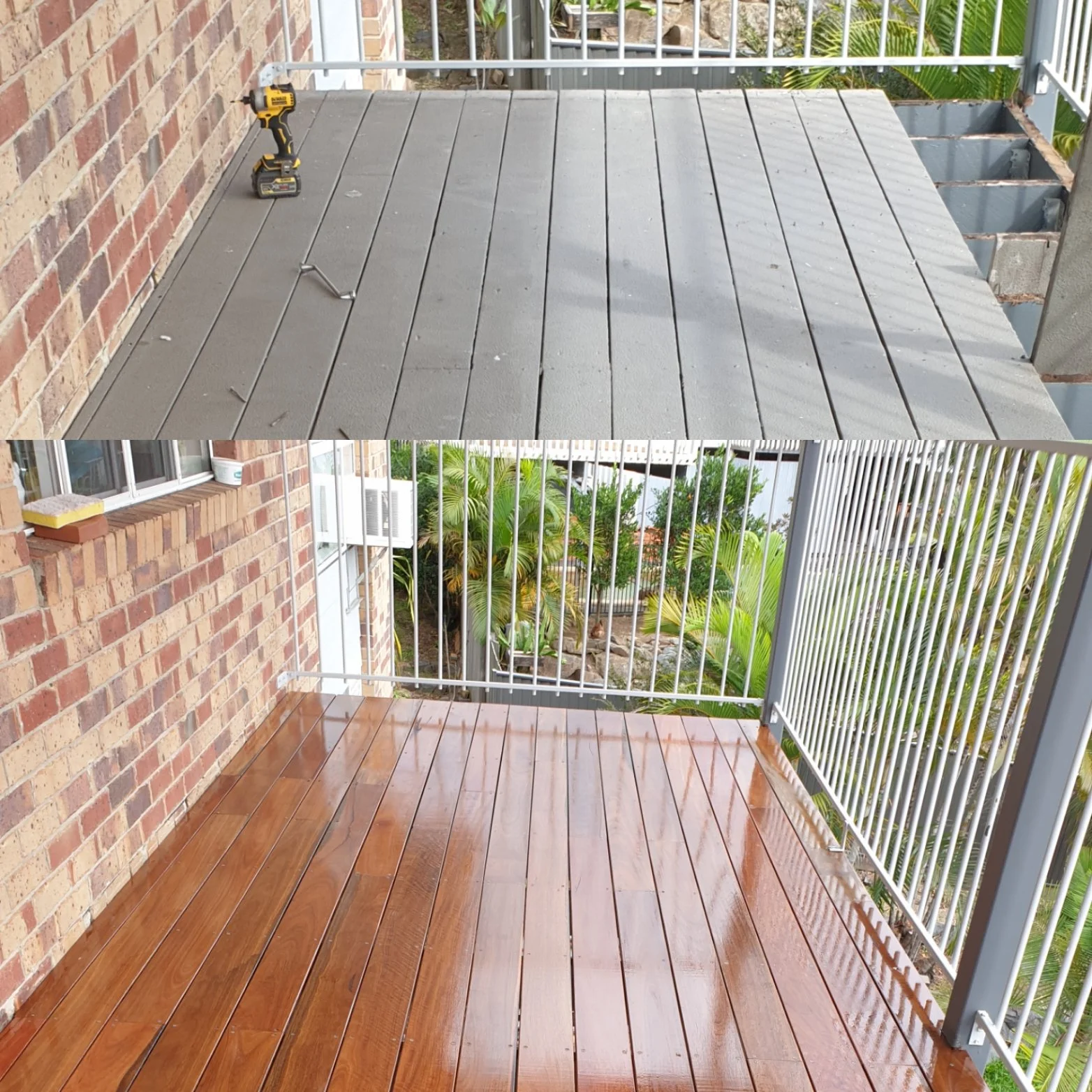 before and after of external balcony timber deck.