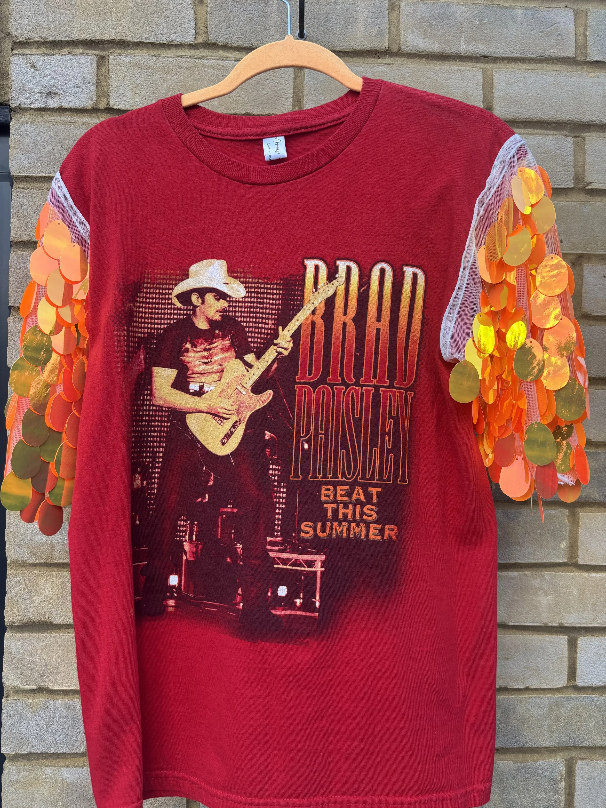 Reworked Red County Sequin Sleeve T Shirt