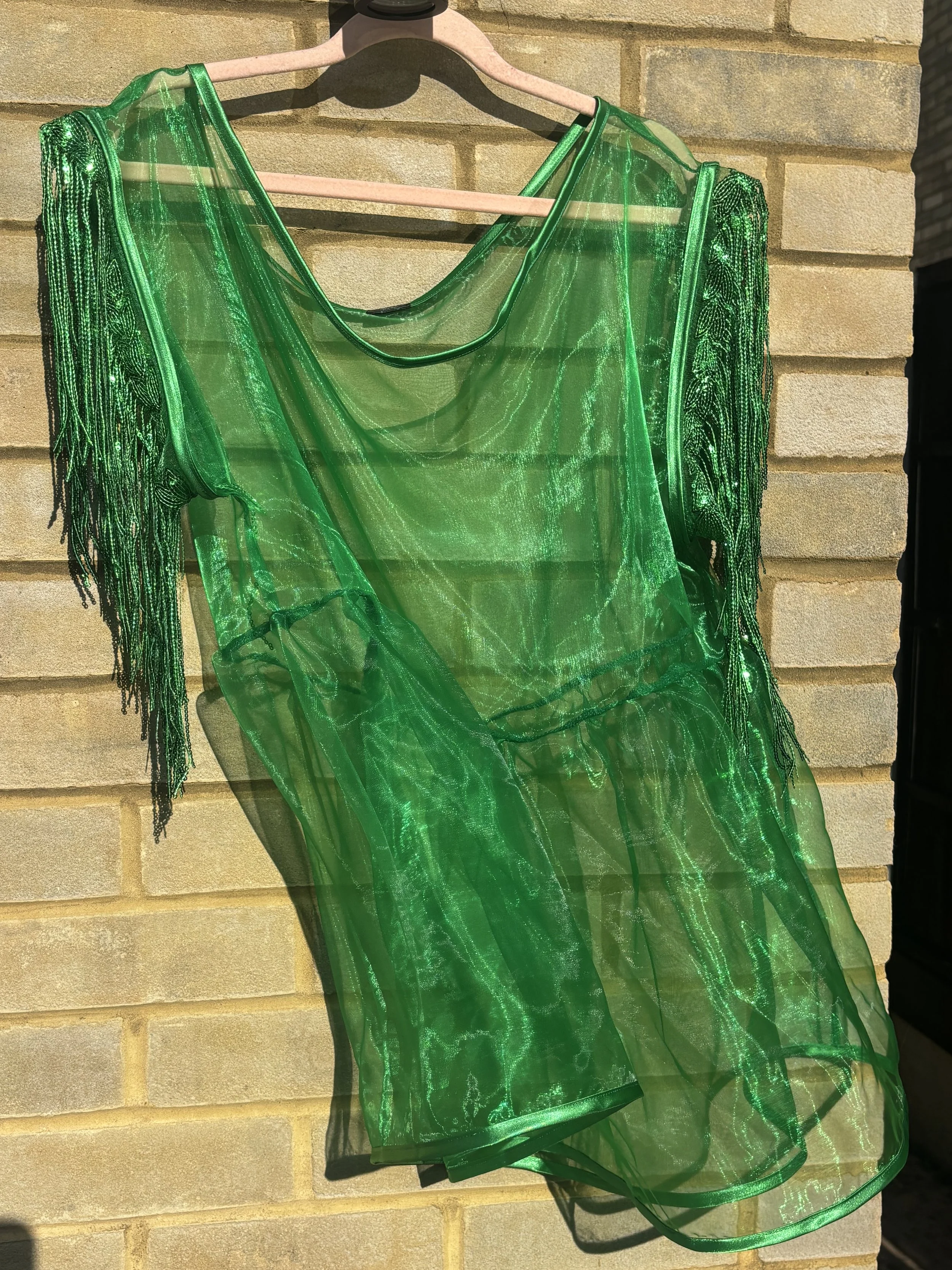 STATEMENT LAYER - oversized organza layer with delicate sequin sleeve and satin trim.