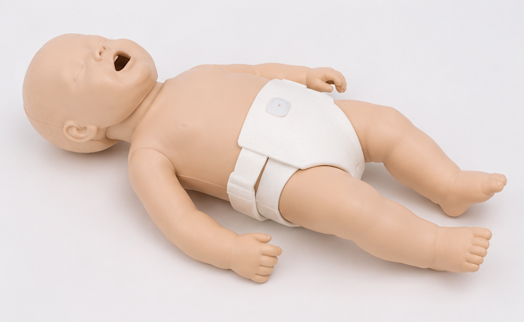 A realistic baby doll lying on its back with a pacifier hole and a white diaper on a white surface.