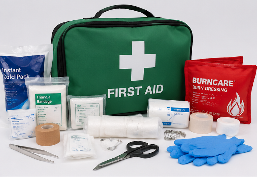 A first aid kit with various medical supplies including bandages, scissors, gloves, cold packs, burn dressings, and adhesive tape, placed in front of a green first aid bag.