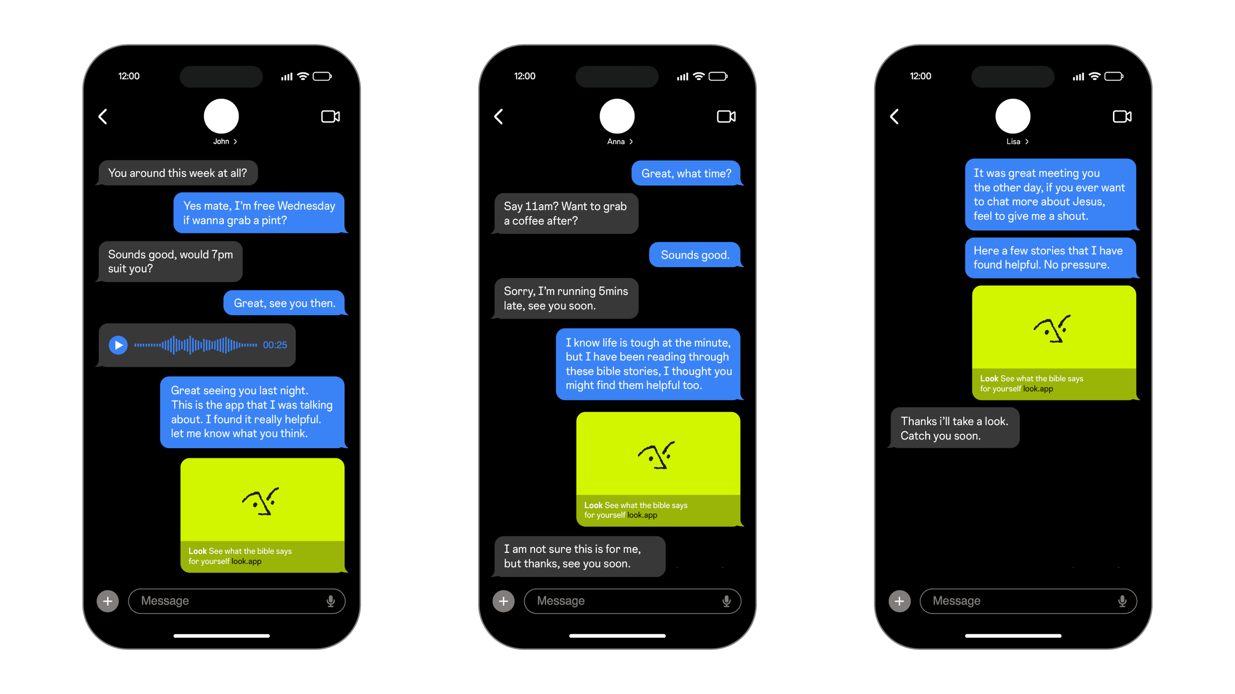 Screenshot of three smartphone conversations in a messaging app, where friends are planning to meet for coffee and sharing Bible stories.