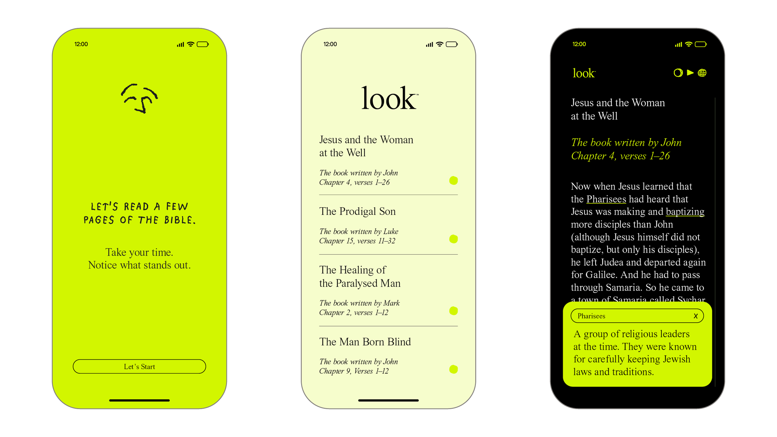Three smartphones displaying the interface of a Bible app called 'look.' The first screen shows the welcome page with a green background, a drawn face, and text inviting users to read passages and take their time. The second screen displays a list of