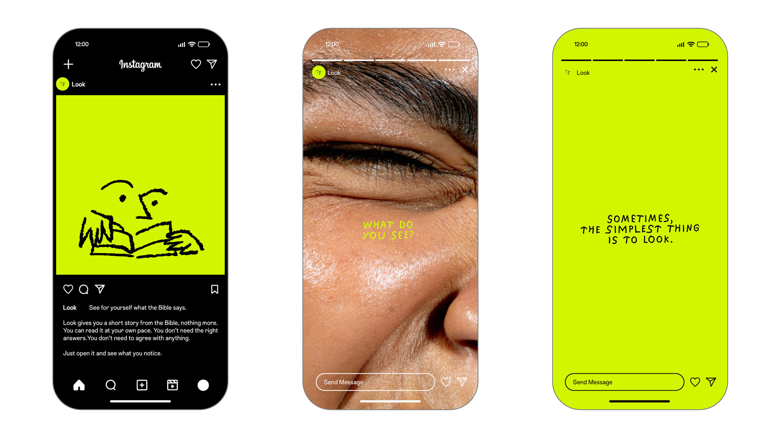 Three smartphone screens showing Instagram stories and posts related to the theme of observation and simplicity, with bright backgrounds and minimal text.