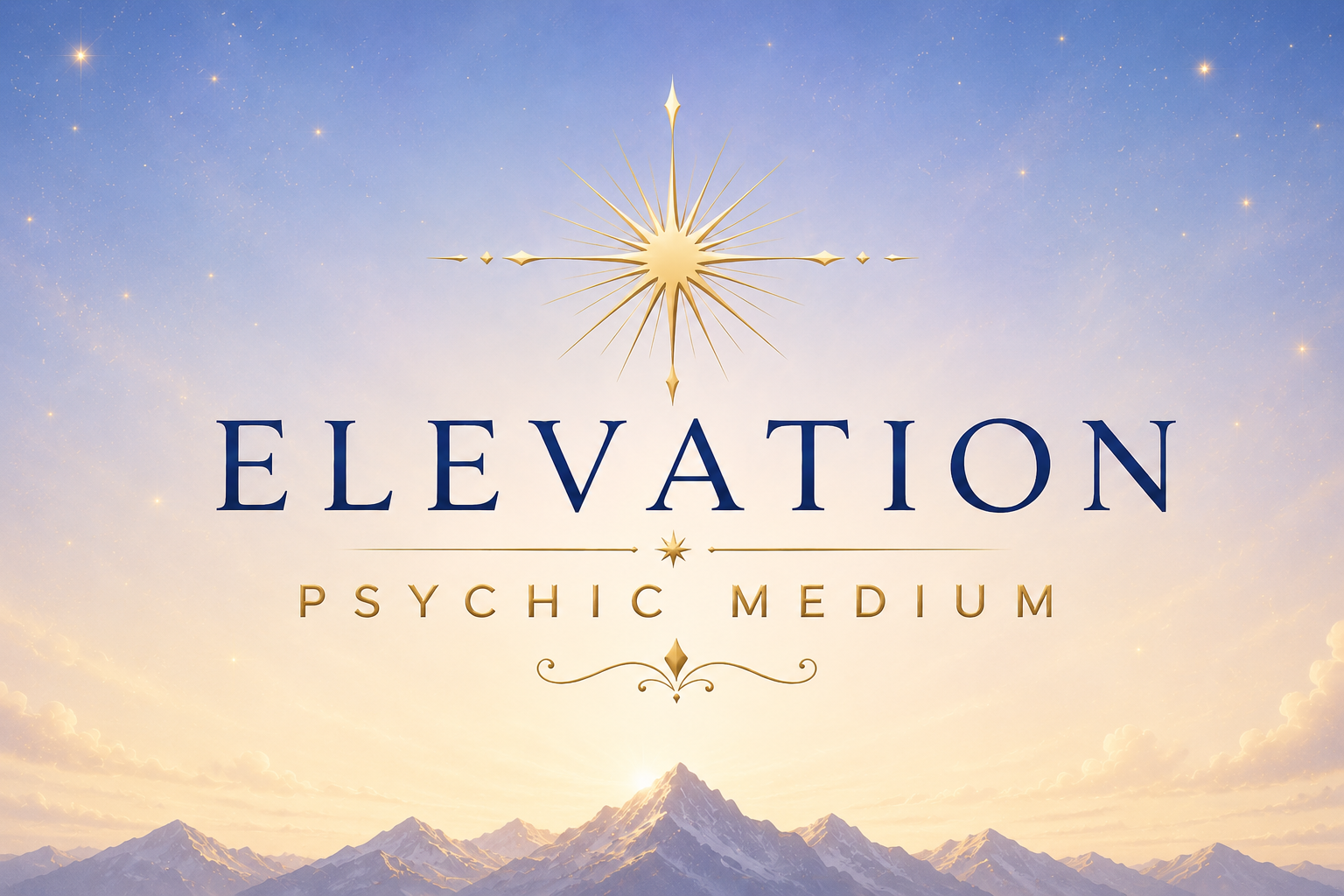 Artwork with a mountain range at sunrise, a large starburst above the word 'ELEVATION' in blue letters, and the words 'PSYCHIC MEDIUM' below.
