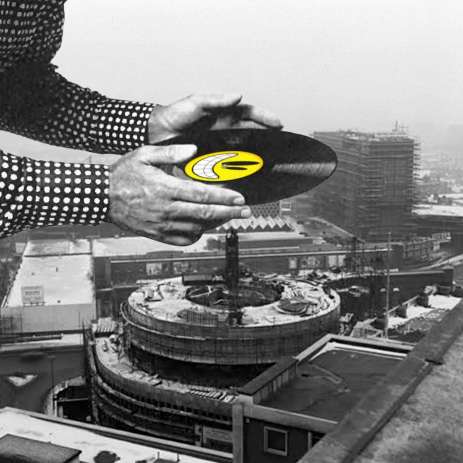 Big Tune surreal digital collage by SHARDS, showing oversized hands holding a vinyl record with a yellow smiley face above Birmingham's Bull Ring.