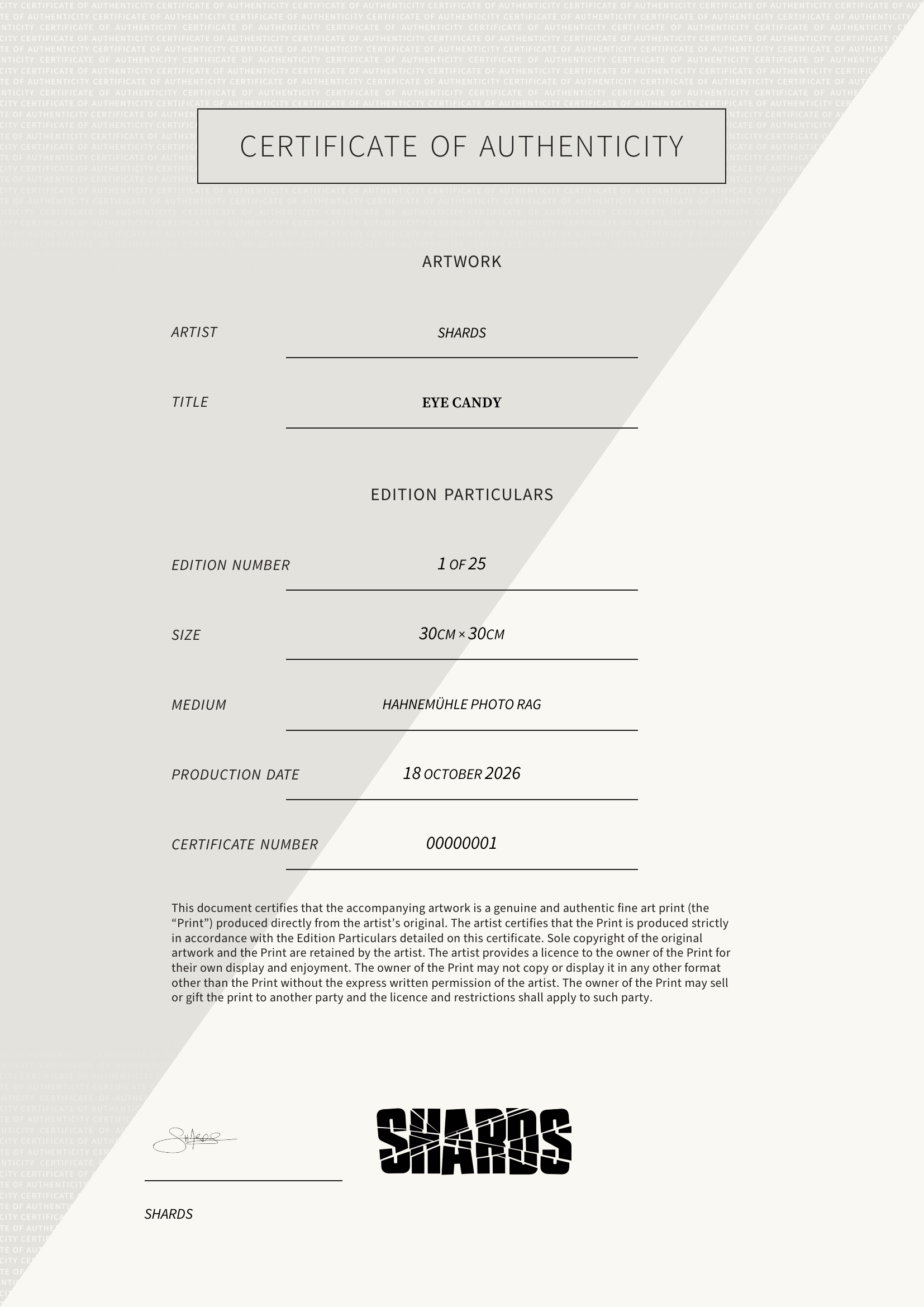 SHARDS Certificate of Authenticity for Eye Candy, showing artwork details, limited edition number and artist signature.