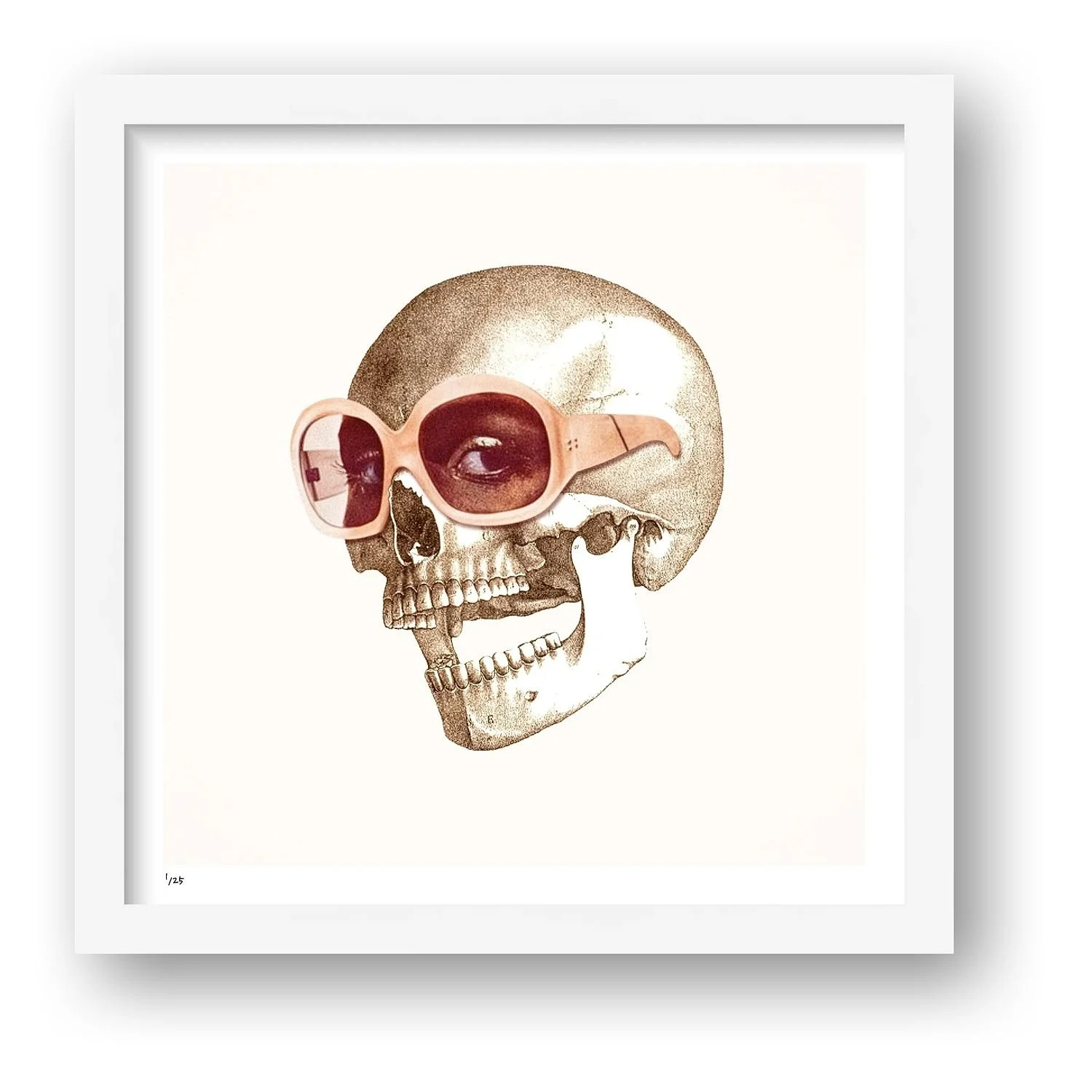 Eye Candy surreal skull art print presented in a white wooden frame.