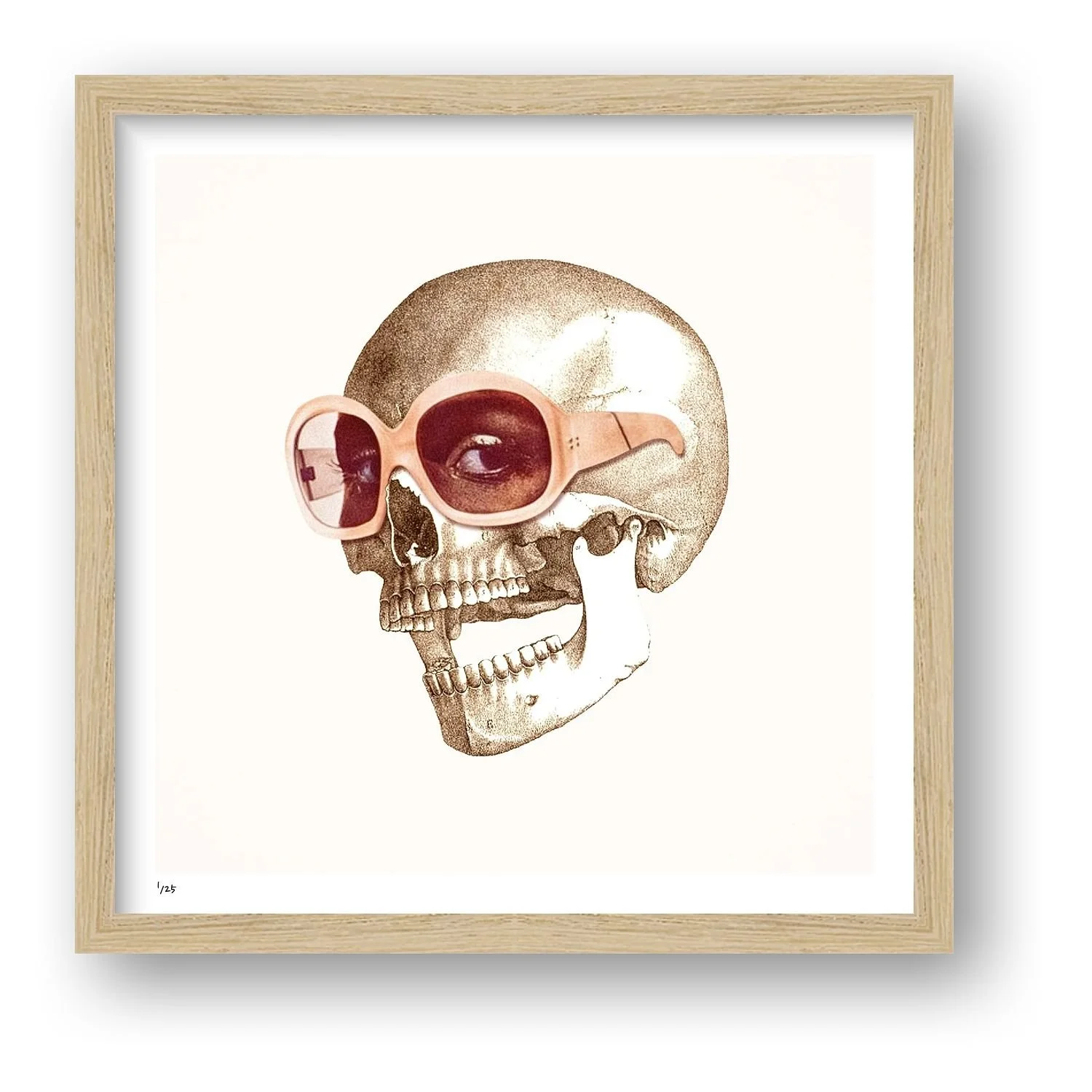 Eye Candy vintage-inspired skull collage print presented in a natural wood frame.