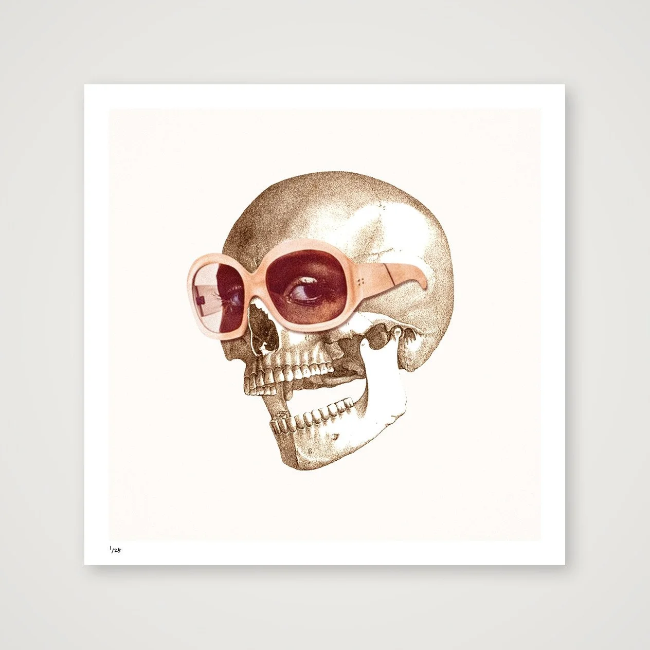 Eye Candy square fine art print featuring a skull in pink sunglasses, displayed unframed against a grey background.
