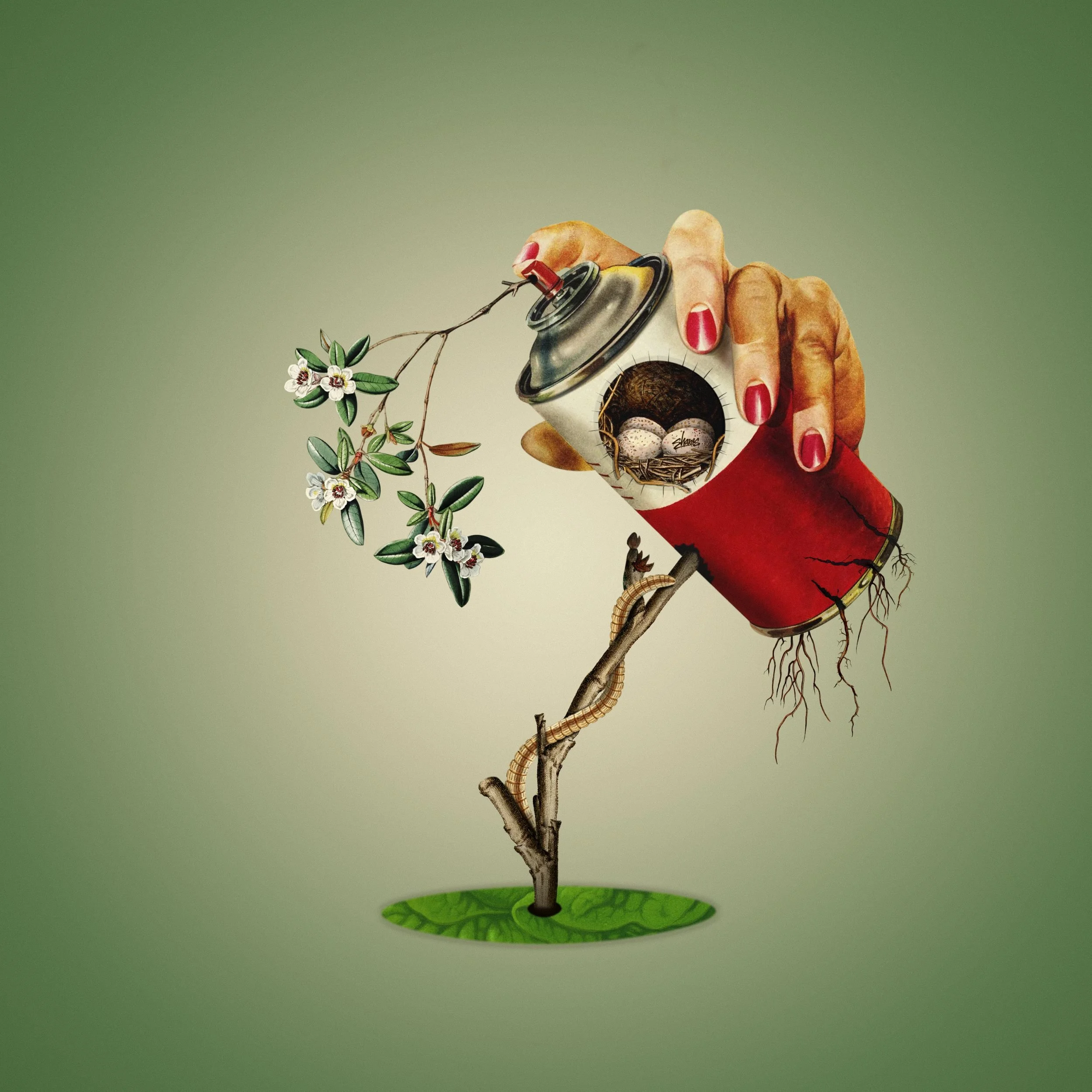 Bloom surreal digital collage by SHARDS, showing a hand holding a red spray can with flowering branches, a bird's nest inside and roots growing from its base.