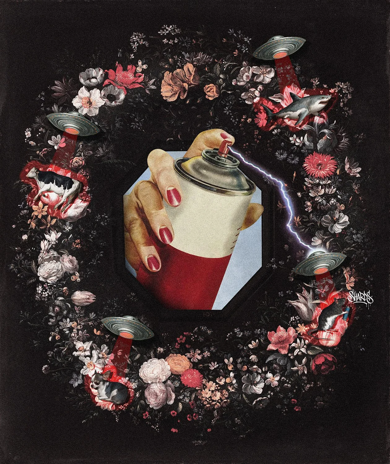 Pest Control surreal digital collage by SHARDS, featuring a hand holding a spray can, flying saucers casting red beams over animals and a dark floral background.