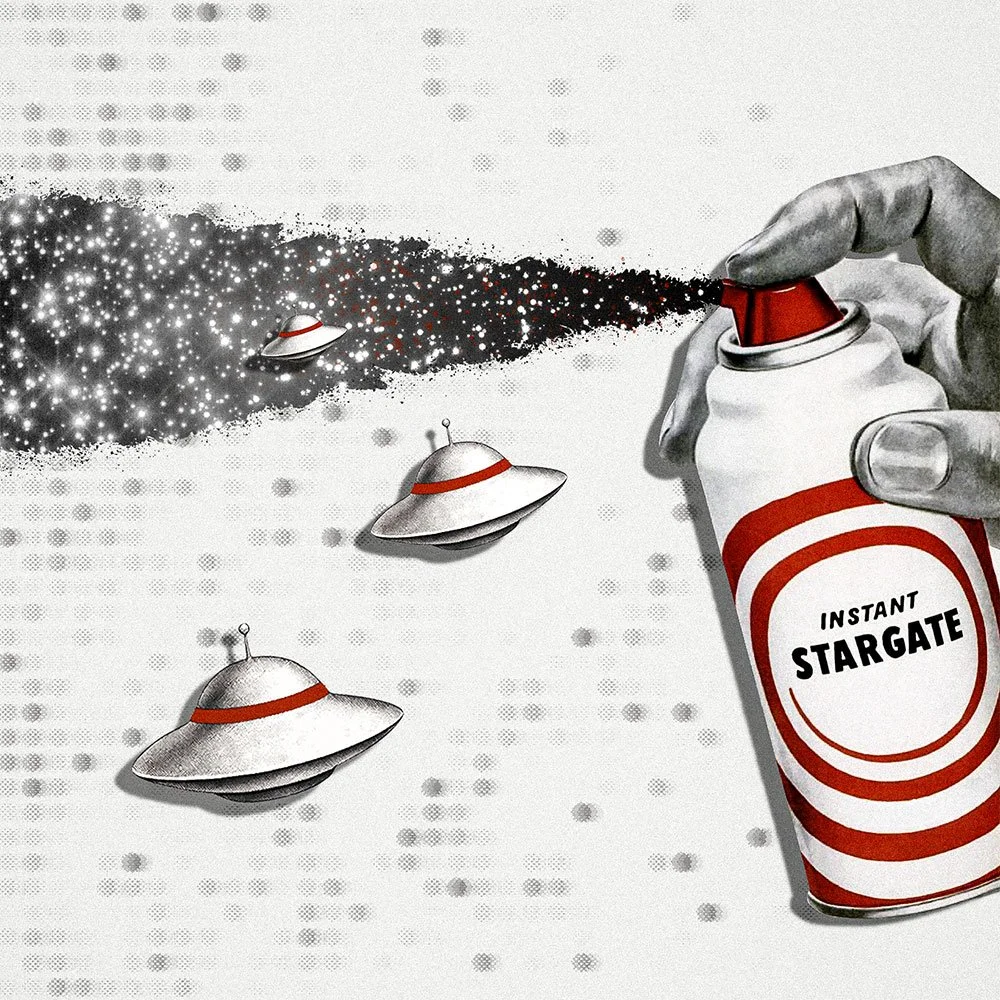 Explore Stargate, a surreal digital collage by SHARDS featuring flying saucers and a spray can releasing a galaxy of stars. Retro sci-fi meets street art.