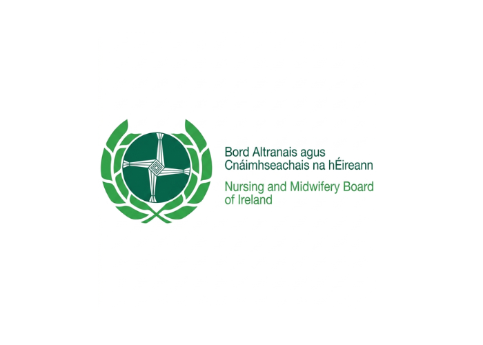 Logo of the Nursing and Midwifery Board of Ireland featuring a green circular emblem with a stylized cross and laurel, and text in Irish and English.