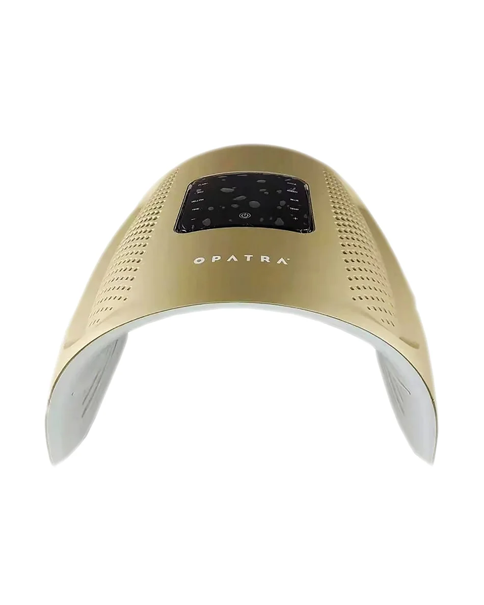A modern facial mask Ultherapy device with a gold-colored curved design and black control panel on top, branded 'OPATRA'.