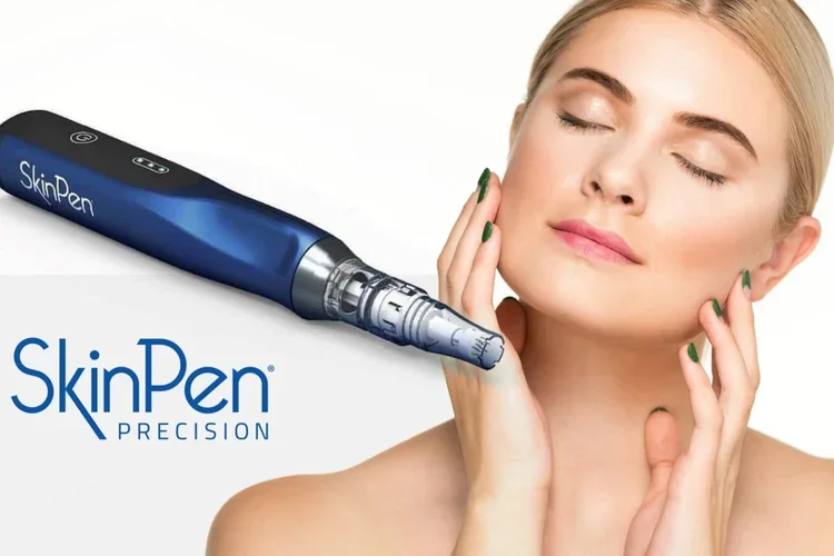 A woman with clear skin touching her face with both hands next to a SkinPen Precision device, which appears to be a medical or cosmetic skincare tool, against a white background.