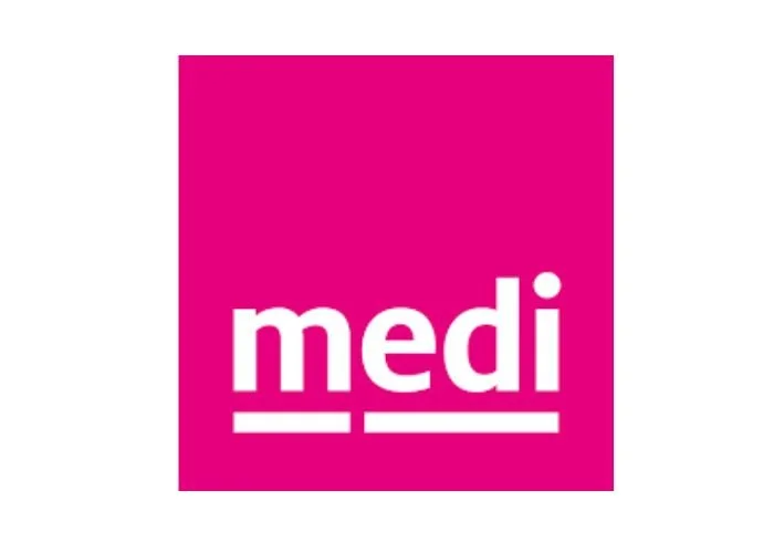Pink square logo with the word 'medi' in white lowercase letters and a white underline.