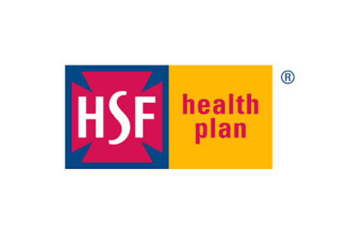 HSF health plan logo with blue and pink design and yellow background