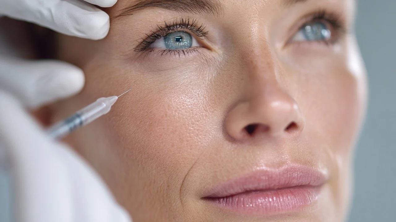 A person receiving a cosmetic injection near the eye from a gloved hand.