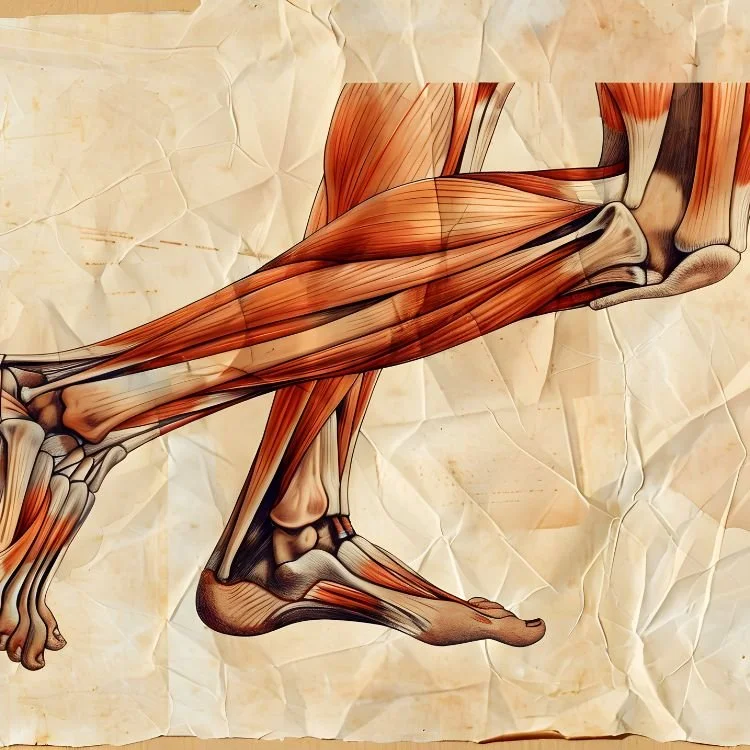 Illustration of the human leg muscles, tendons, and bones, with focus on the thigh, knee, and lower leg.