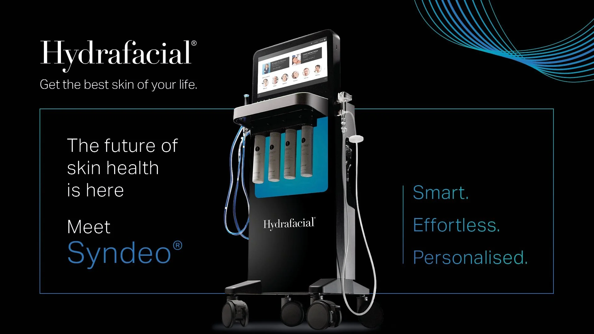 A black beauty with a touchscreen display and four vertical tubes, labeled Hydrafacial, attached to a stand with wheels. The background is black with blue abstract lines, and text promotes skin health and Hydrafacial technology.