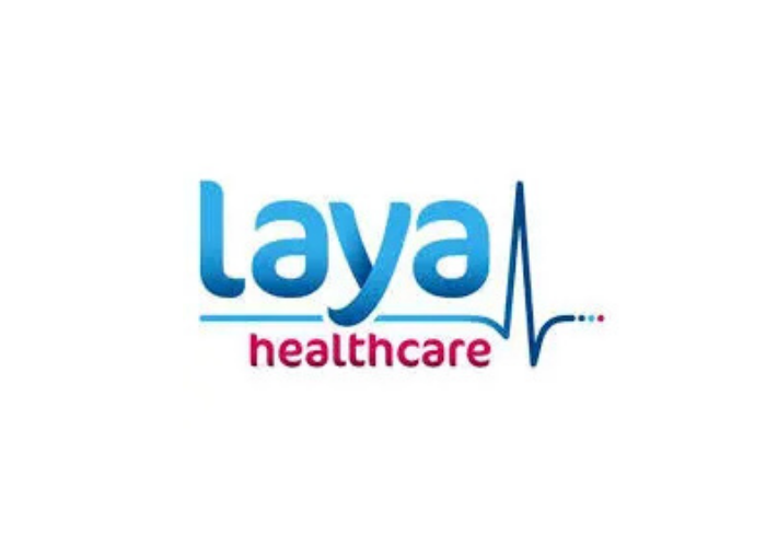 Laya Healthcare logo with blue text, pink 'healthcare' tagline, and a stylized heartbeat line.