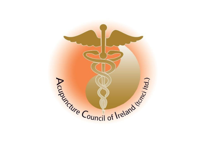 Logo of the Acupuncture Council of Ireland featuring a caduceus symbol in gold and brown with the organization's name circling around it.