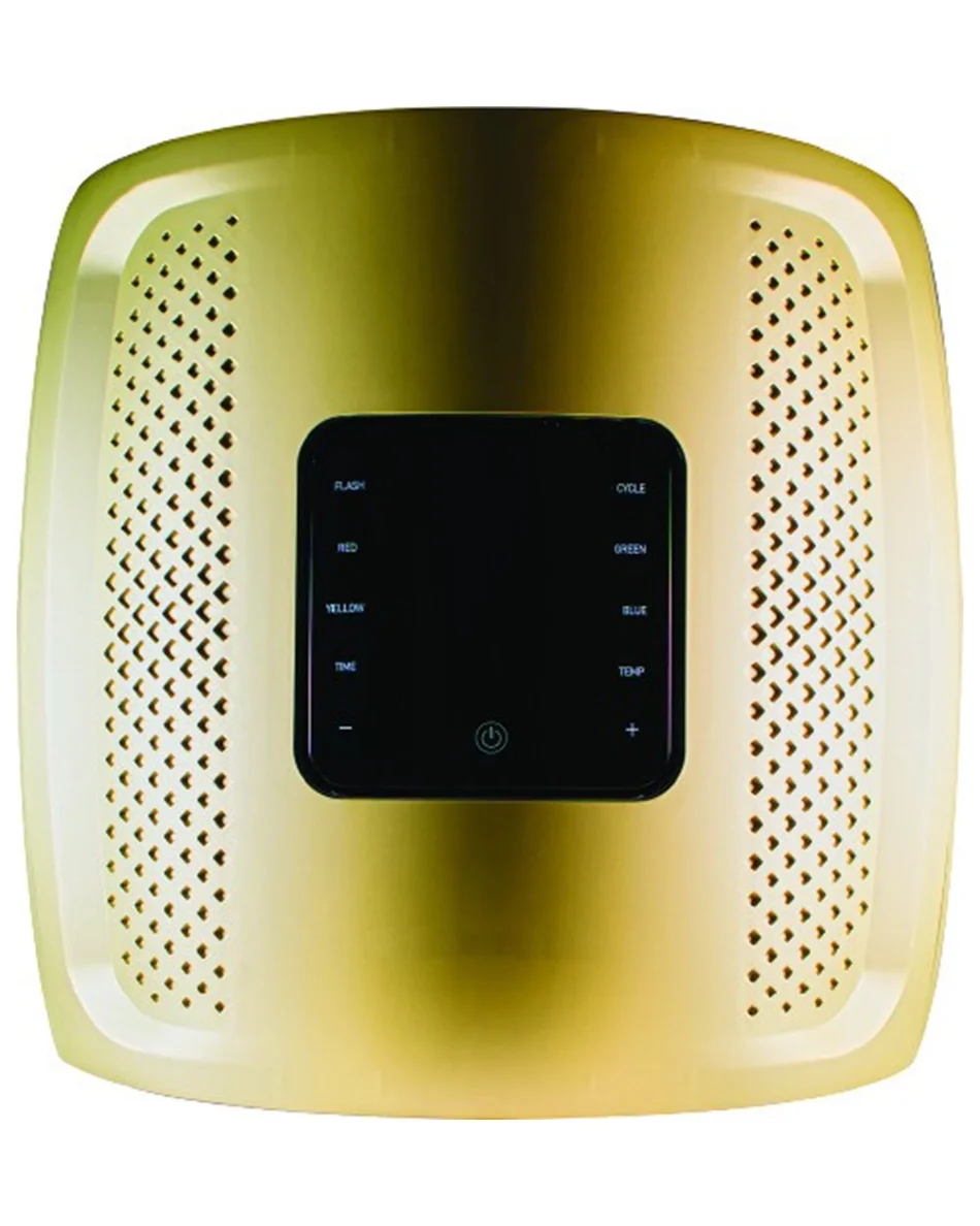A gold-colored air purifier with a digital control panel on top.