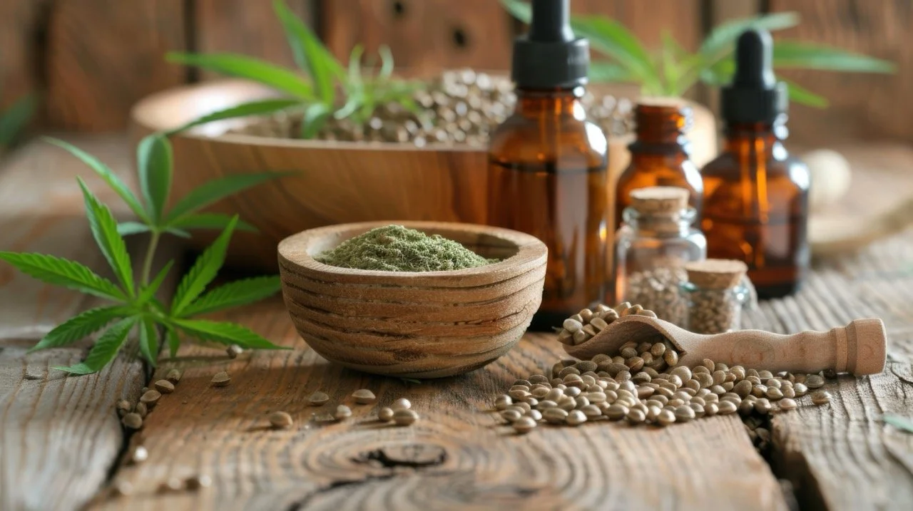 Various CBD or hemp products on a wooden surface, including dried hemp leaves, a wooden bowl of green powder, glass bottles with droppers, small jars, and scattered hemp seeds.