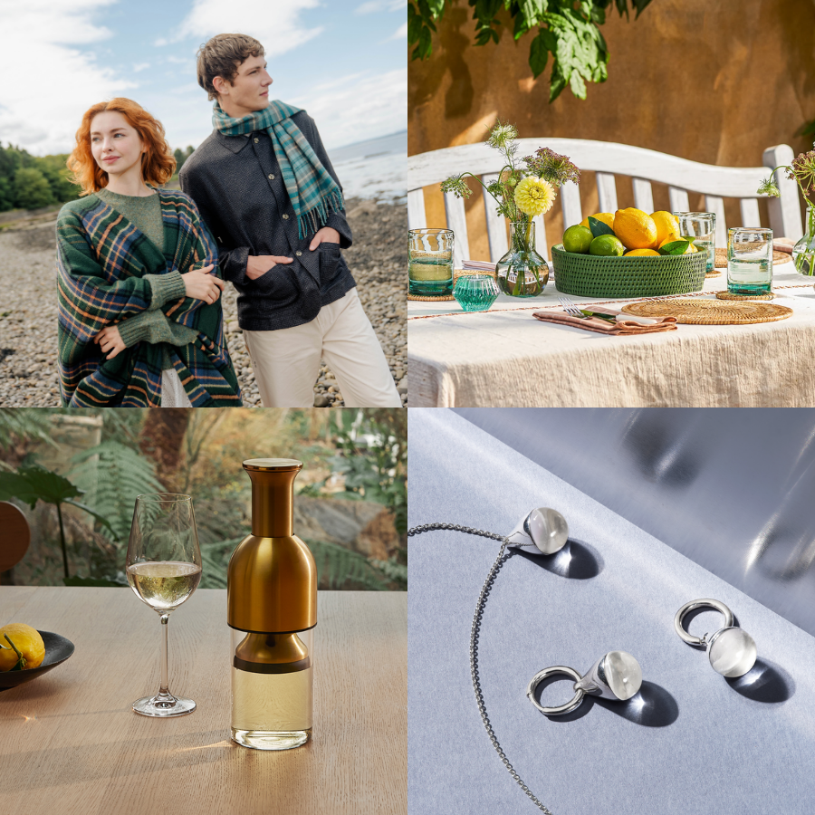 People dressed in warm clothing standing on a rocky beach; a table set with a green bowl of lemons and limes, flowers, and drink glasses; a glass of white wine and a gold vase on a table; jewelry including earrings and a necklace on a fabric surface.