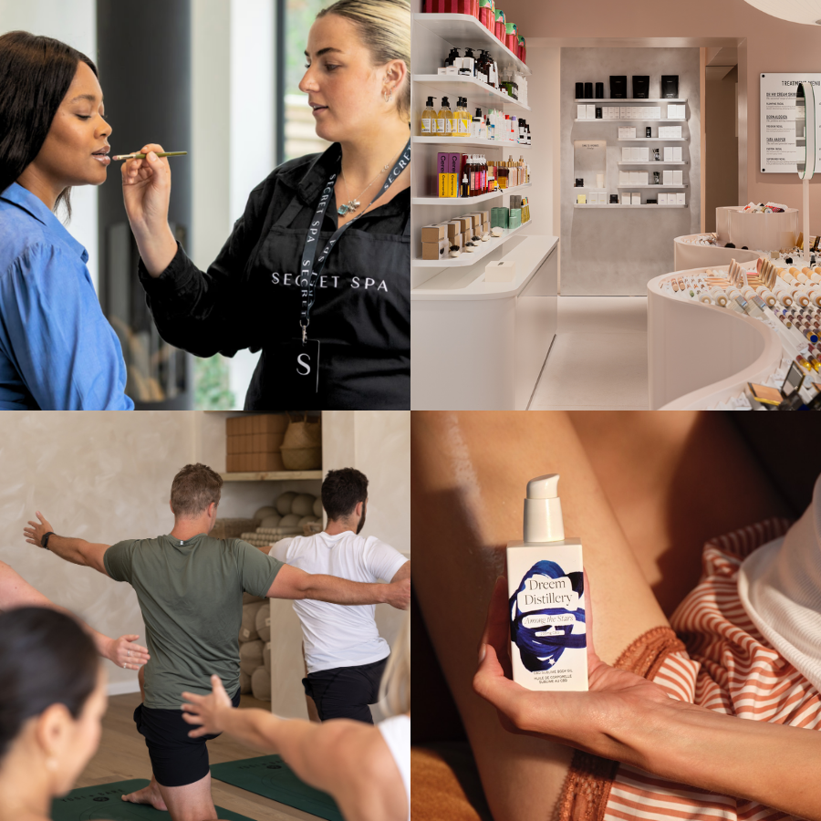 Top left: An esthetician is applying makeup to a woman in a beauty salon. Top right: Shelves in a store display skincare or beauty products. Bottom left: A group of people participating in a yoga class. Bottom right: A person holding a bottle of skincare or cosmetic product.