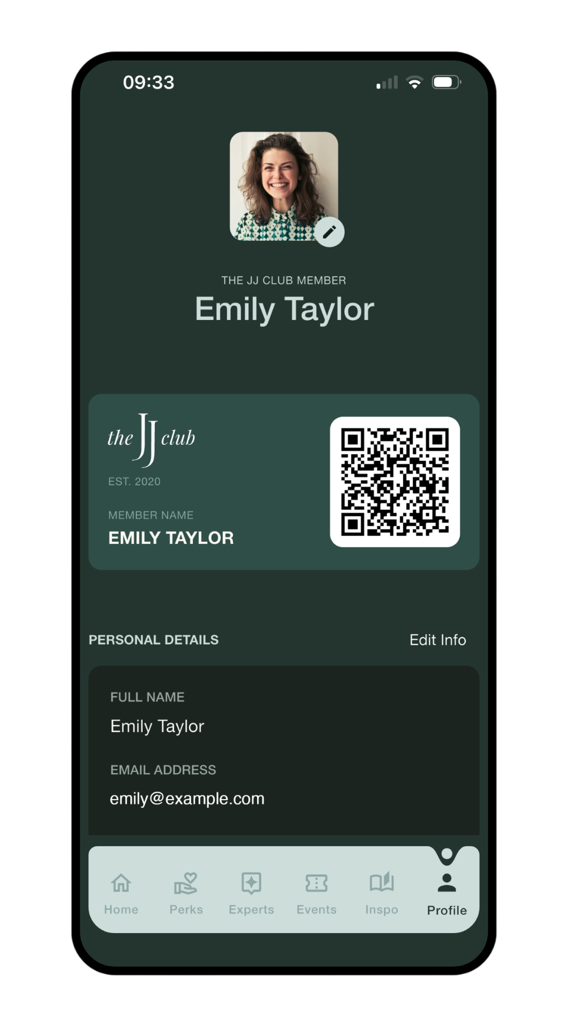 A digital membership card for Emily Taylor, a member of The JJ Club. The card includes her photo, name, club logo, QR code, and personal details, with a navigation menu at the bottom.