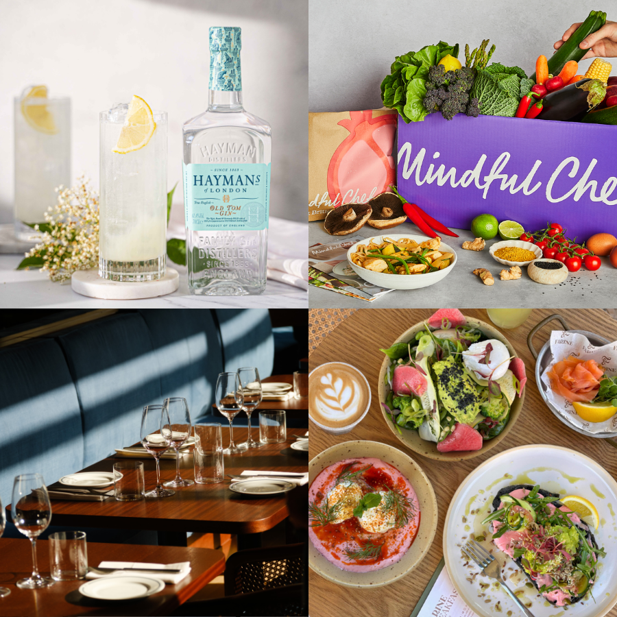 A collage of four images: the top left shows bottles of alcohol and two glasses of lemonade with lemon slices and flowers; the top right displays a box of fresh vegetables and herbs with some dried red chili peppers, mushrooms, and spices; the bottom left features a dining table set with wine glasses, plates, and silverware in a restaurant with a dark blue cushioned booth; the bottom right presents a table with various dishes including a salad, a bowl of soup, and a latte with latte art.