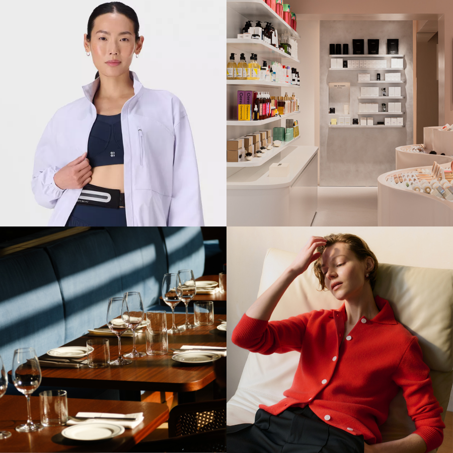 A collage of four images: a woman in fashionable attire, a store with skincare products, a restaurant table set for dining, and a woman resting on a couch.