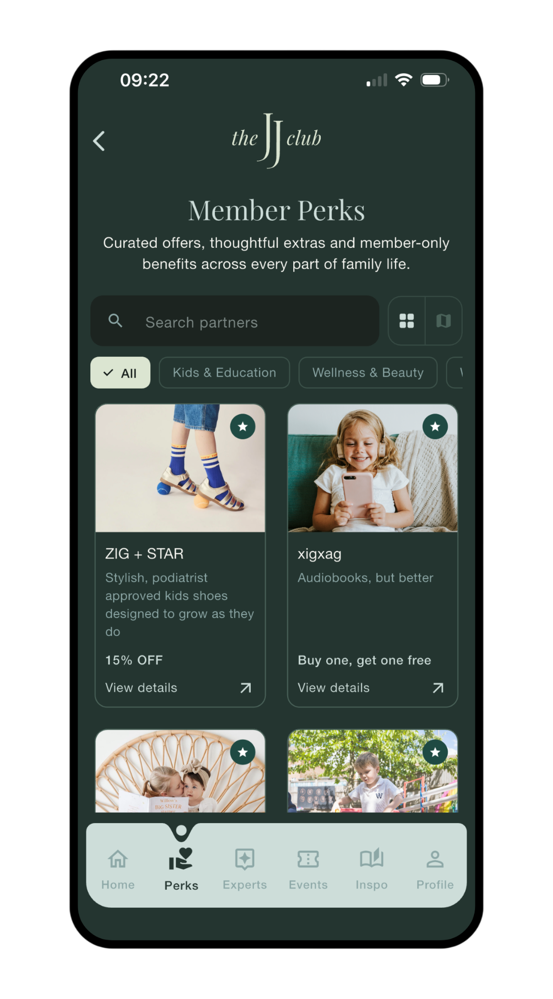 Mobile phone screen showing a family-oriented app called 'the Jjclub' with sections for member perks, including discounted kids' shoes and audiobooks, featuring images of children and navigation menu at the bottom.