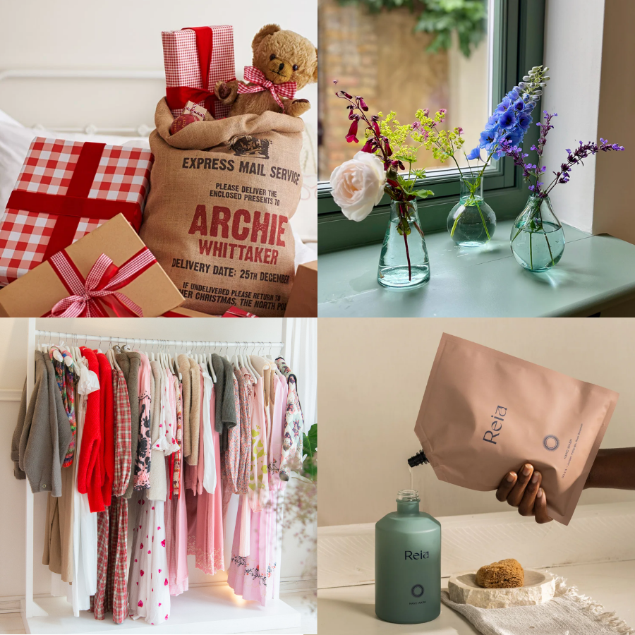 A collage of four images: Top left shows holiday gifts, a teddy bear, and a burlap bag with Christmas delivery information. Top right displays three small vases with colorful flowers on a windowsill. Bottom left features a clothing rack with pink, red, and beige pajamas and loungewear. Bottom right shows a person filling a gray Reia water bottle with water from a soft pouch, with a sponge on a towel nearby.