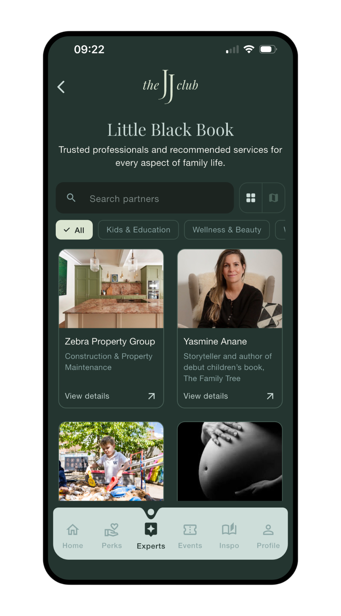 Screenshot of a mobile app's 'Experts' tab showing various professionals and services, including a kitchen construction group, a storyteller author, a child playing outside, and a pregnant woman.