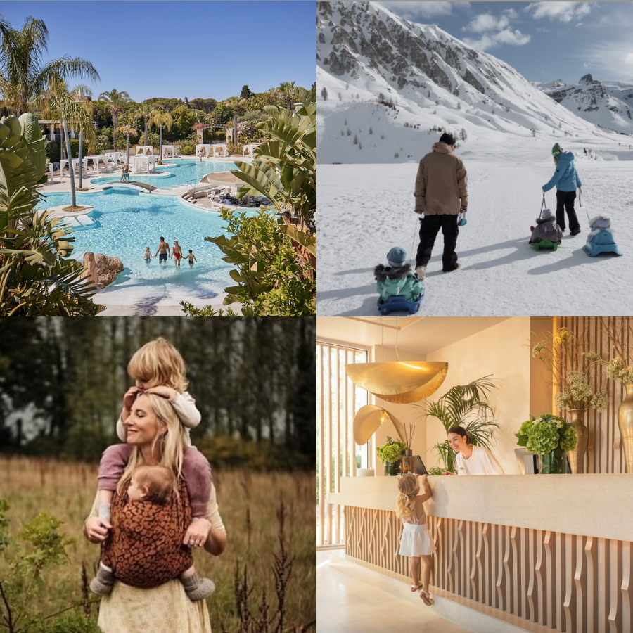 Top left: swimming pool with people swimming and lounging in a sunny tropical resort. Top right: two children and an adult sledding on snow-covered ground in a mountain landscape. Bottom left: woman with a child on her shoulders walking through a forested area. Bottom right: girl at a reception desk talking to a receptionist in a warmly lit indoor space decorated with plants and modern art.