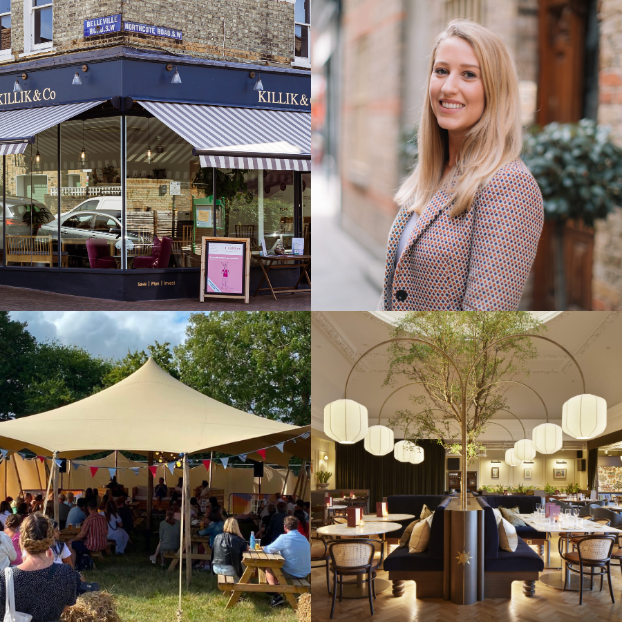 Top left: A storefront with blue awning and striped canopy on a corner in a city. Top right: A woman with blonde hair and a patterned blazer smiling in an outdoor setting. Bottom left: An outdoor gathering under a large tent with people sitting at picnic tables. Bottom right: An elegant indoor restaurant with a central tree decoration and hanging white lanterns.