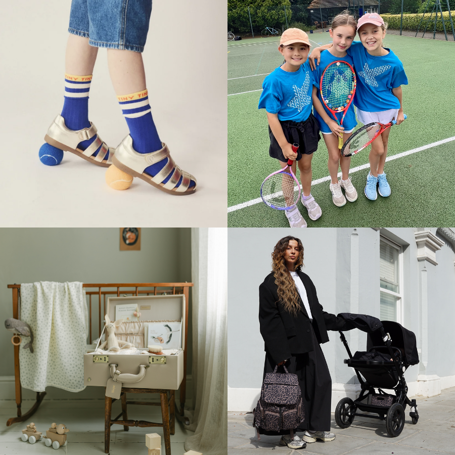 A collage of four images: a child's feet wearing sandals and striped socks, three kids on a tennis court holding rackets, a vintage baby crib with toys and a blanket, and a woman with a stroller and luggage standing outside a building.