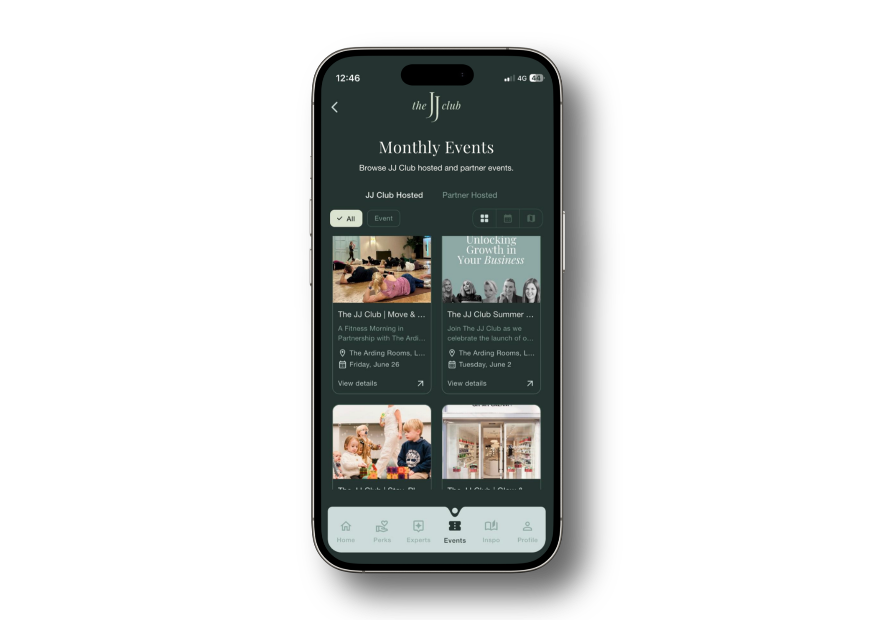 Mobile phone screen displaying the 'the JJ club' app with 'Monthly Events' section showing upcoming events at The Arding Rooms, featuring images, event titles, dates, locations, and options to view details.