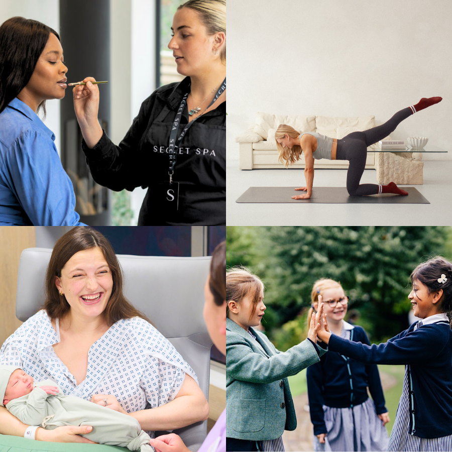 Top left: Makeup artist applying makeup to a woman at a spa; Top right: Woman practicing yoga in a living room; Bottom left: Woman holding newborn in a hospital room; Bottom right: Two girls high-fiving outdoors with two other girls watching.