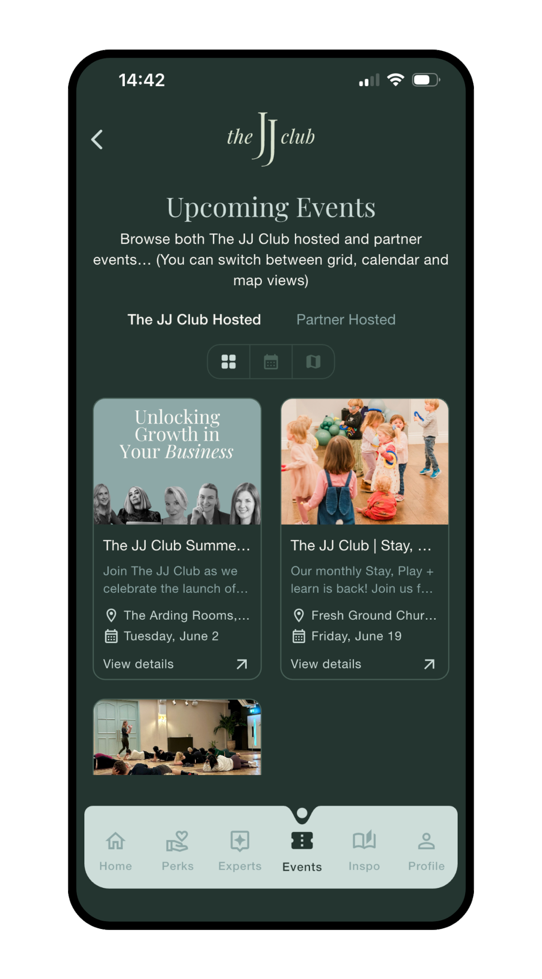 Mobile phone screen showing the 'Events' section of the JJ Club app with upcoming event cards, including details and view links, a navigation bar at the bottom, and the app's dark green theme.